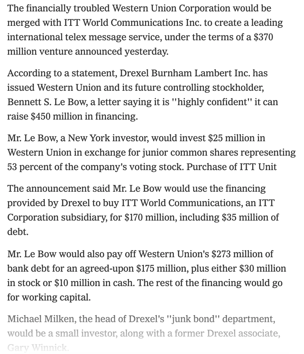 Western Union deal with ITT, New York Times, May 8, 1987